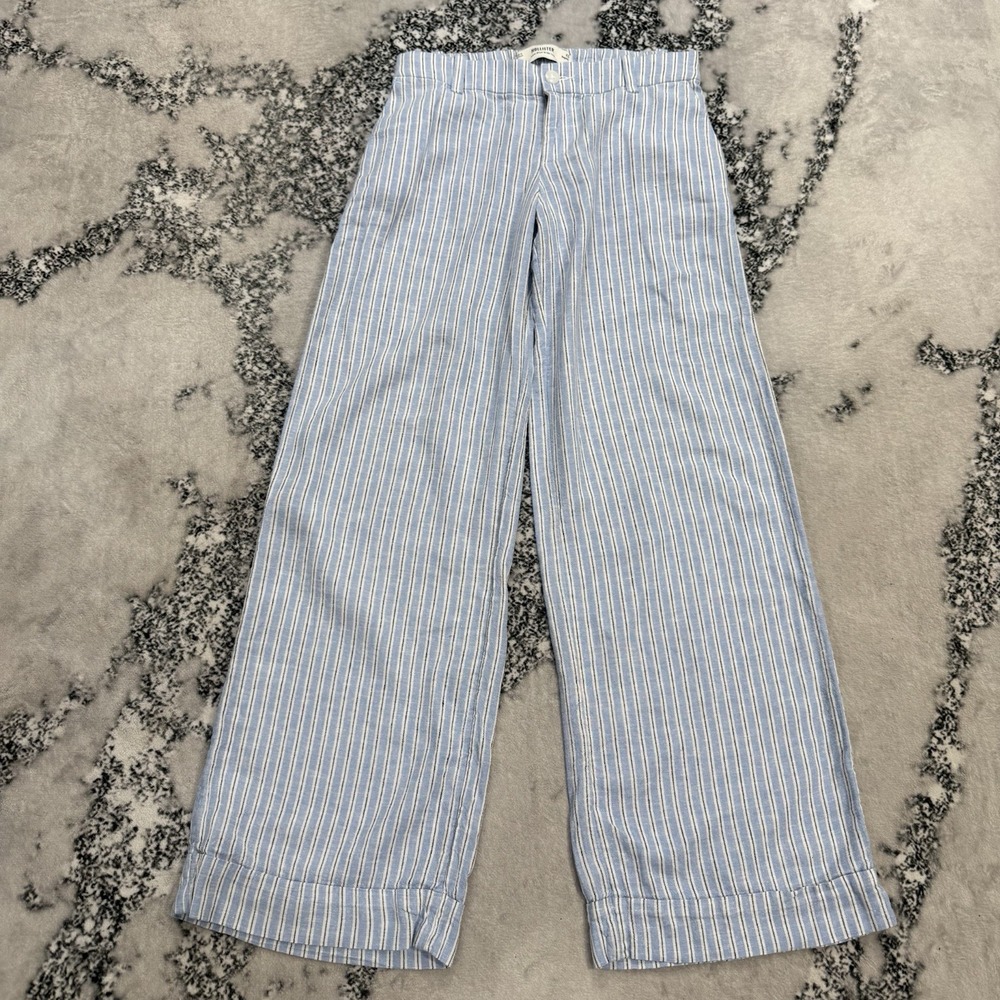 Hollister NWT XS Low Rise Womens Linen Blend Blue White Stripe Wide Leg Pants